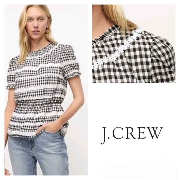 J Crew Gingham Check Daisy Lace Peplum Puff Sleeve Black White Top Size 2X - Picture 7 of 12
